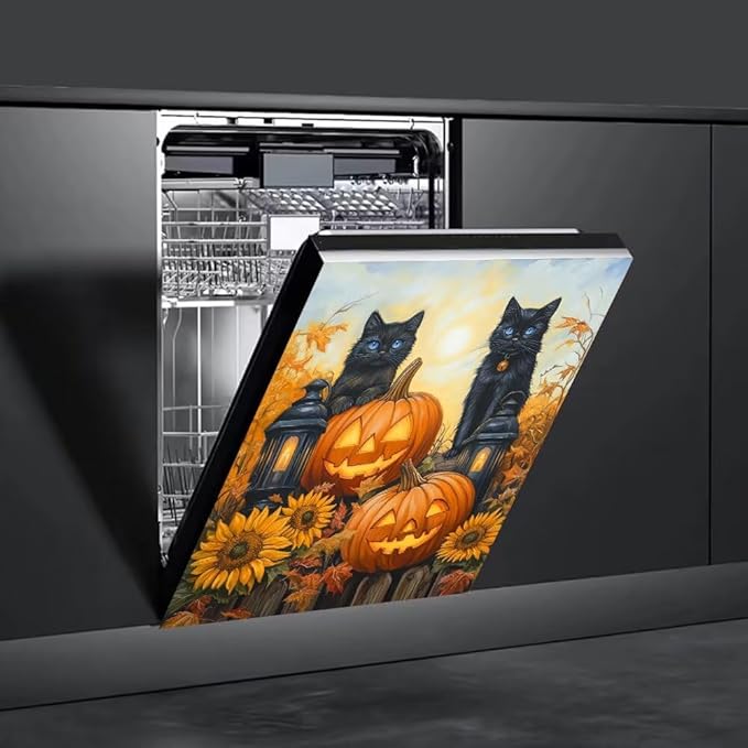 Halloween Black Cat Magnetic Dishwasher Cover Vinyl Sticker,Pumpkin Lantern Dishwasher Magnet Cover,Autumn Fall Sunflower Fridge Door Cover Magnets Art Skin Panel Decal for Home Decor, 23"X26"