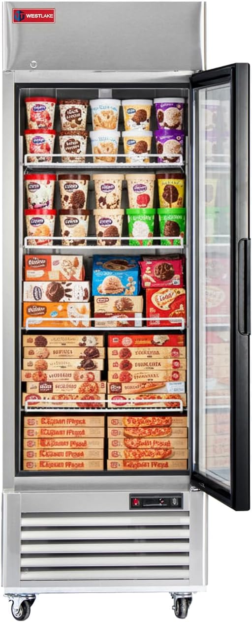 WESTLAKE 27" W Commercial Display Freezer Single Glass door 23 Cu.ft Stainless Steel Merchandiser Reach-in Upriht Fan Cooling Digital Temperature Control Display Freezer for Restaurant, Bar, Shop, etc
