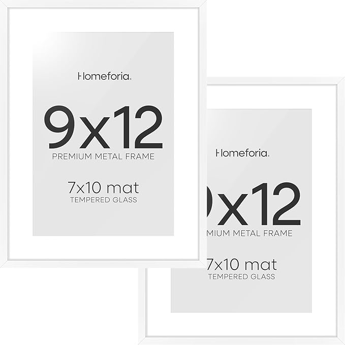 Homeforia 9x12 Picture Frame White, High End Metal 9 x 12 Poster Frames with Mat 7 by 10 inch Photo, 9by12 Frame Matted to 7x10 in Art, 12x9 Wall or Tabletop Frames, Tempered Glass, Wall Kit, Set of 2
