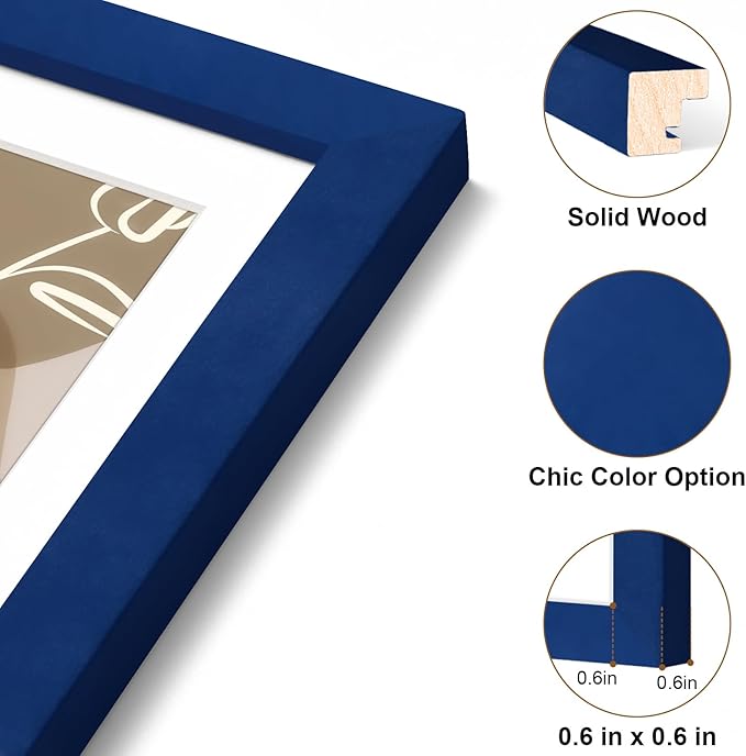 Vittanly 8x10 Picture Frame, Solid Wood Frame with Plexiglass, Includes 5x7 Mat, Wall Hanging or Tabletop for Home Decor, Royal Blue, 1 Pack