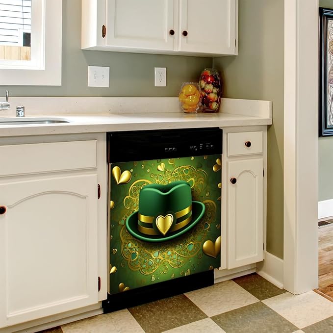 St. Patrick's Day Hat Heart Dishwasher Magnet Cover, Reusable Refrigerator Panel Stickers Microwave Front Door Covers Magnets for Kitchen Home Appliances Holiday Party Decorations 23 X 26 in