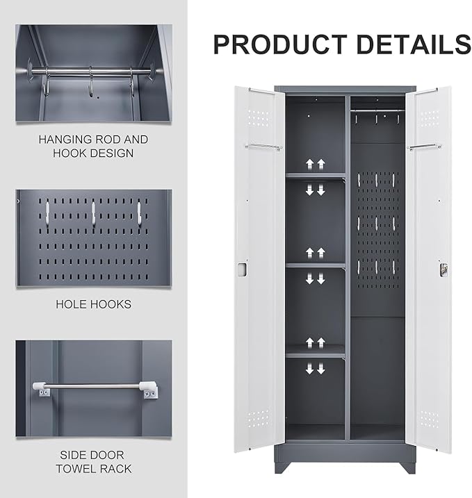 65" H Locking Storage Cabinet,Metal Broom Storage Cabinet with Doors and Adjustable Shelves,Steel Tall Garage Cabinet with Pegboard and Hanging Rod for Home Office,School,Gym,Grey-White