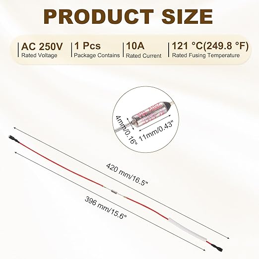 MECCANIXITY Universal Rice Cooker Temperature Fuse, 121°C 10A 250V Metal Thermal Fuse with Both End Terminal Fiberglass Sleeving for Electric Pressure Cooker Repair Part