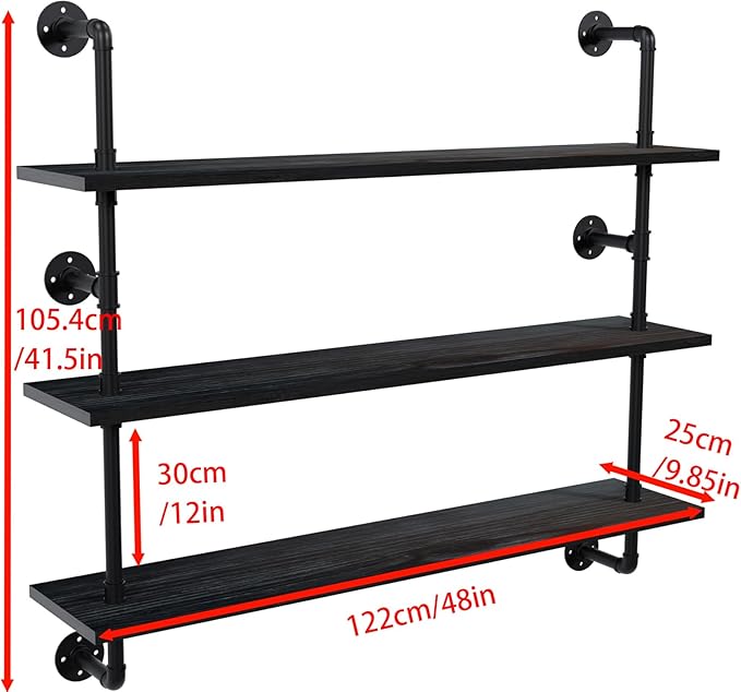 Industrial Pipe Shelving Rustic Black Wall Shelves with Wood Planks Industrial Floating Shelves 48 Inch 3 Tier Farmhouse Bookshelf Pipe Shelves Wall Mounted,Open Shelving For living room/office