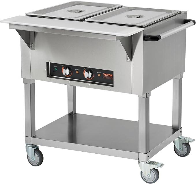 VEVOR 2-Pan Commercial Food Warmer, 2 x 20.6QT Electric Steam Table, 1000W Professional Buffet Catering Food Warmer with 4 Wheels (2 Lockable), Food Grade Stainless Steel Server for Party Restaurant