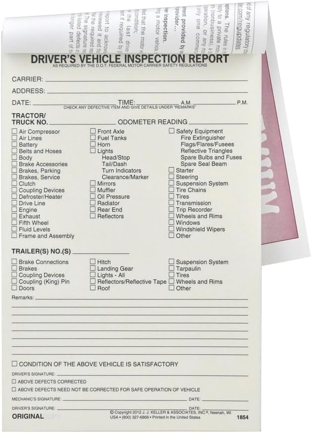 Detailed Driver's Vehicle Inspection Report 25-pk. - Book Format with 31 Sets, 2-Ply Carbonless, 5.5" x 8.5", Meet FMCSR Requirements, J. J. Keller & Associates, Inc.