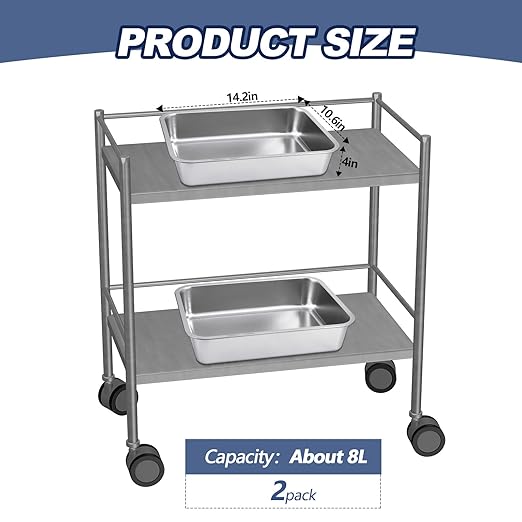 2 Pack Stainless Steel Commercial Bus Tubs Food Grade Meat Processing Tubs Lug Wash Basin Tote Box for Dishwashing, Kitchen, Restaurant, Utility (8 L)