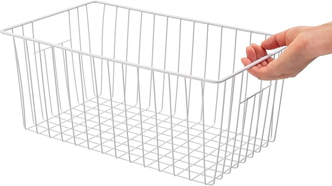 Upright Freezer Organizer Bins， Freezer Baskets for 16, 17, 21 cu.ft Standup Freezer, Wire Storage Baskets with Built-in Handles for Frozen Foods, Snacks, Vegetables, Fruits and More, Set of 4 , White