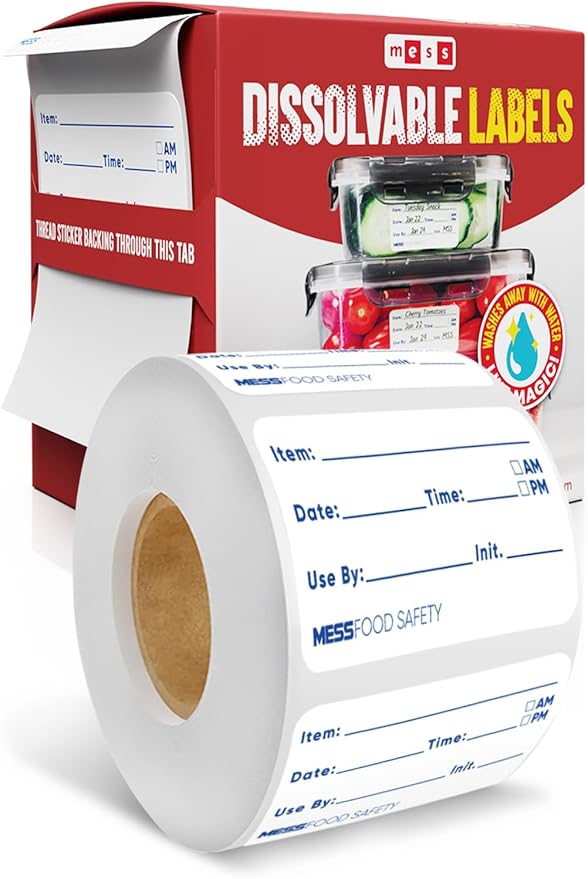 MESS Dissolvable Food Labels, 1x2, 200/Roll - Dissolves in 30 Seconds or Less - Removable Pantry, Meal Prep & Food Storage Labels – Canning & Freezer Use