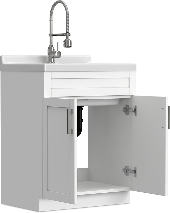 SIMPLIHOME Hennessy All-in-One 28 inch Wide Utility Sink and Laundry Cabinet in Pure White Finish, Transitional ABS Sink Cabinet for Laundry Rooms with High-Arch Chrome Faucet and Pull-Out Spray
