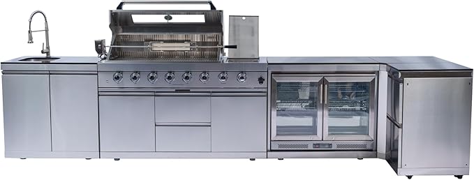 157-Inch 6-Burner 96000 BTU Propane Gas Outdoor Kitchen Island - Stainless Steel Grill with Wine Cooler, Rotisserie, Granite Countertops, Storage Cabinets & Drawers, Silver