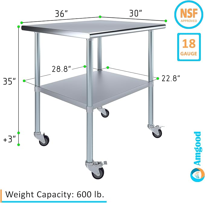 AmGood 36" Long x 30" Deep Stainless Steel Table with Casters