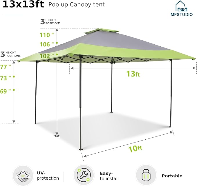 MFSTUDIO 13x13 Pop Up Canopy Tent, Gazebo Shelter Sun Shade Canopies Patio Portable Popup Tents Outdoor for Beach,Parties,Camping, 169 Sq. Ft of Shade