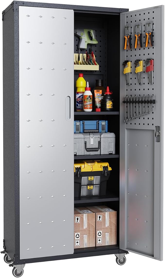 Tall Metal Storage Cabinet with Wheels Heavy Duty Large Metal Garage Cabinets with Adjustale Shelves Lockable Rolling Tool Cart for Warehouse Basement Kitchen, Assembly Required