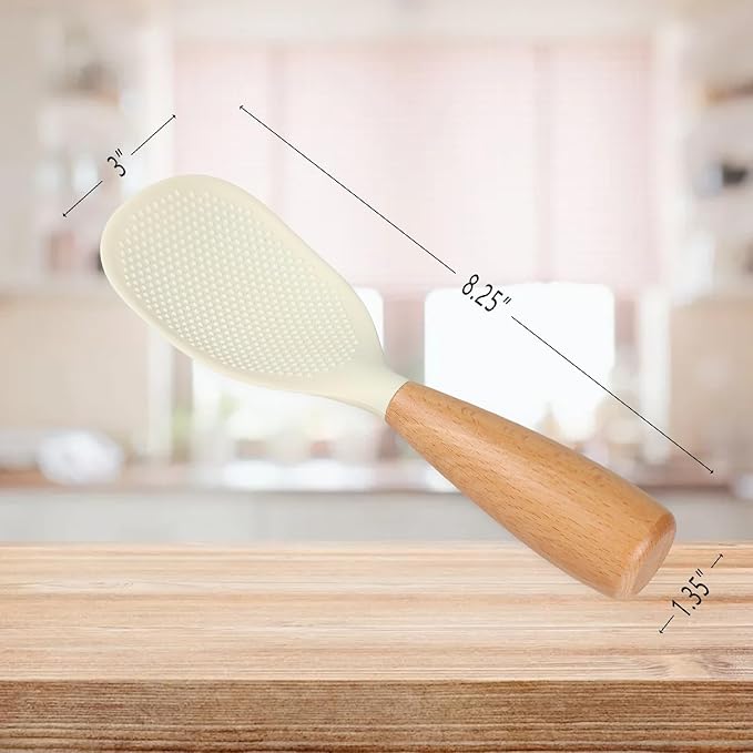 2 Pack Silicone Rice Paddle Spoon with Wood Handle, Nonstick Standing Rice Cooker Spatula Kitchen Tool, White