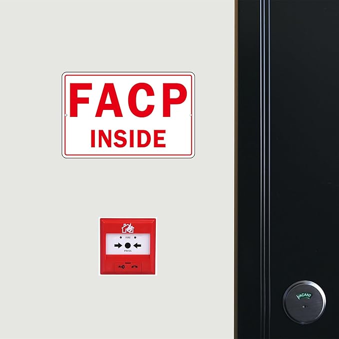 FACP Sign, (2 Pack) Self Adhesive FACP Inside Signs, Rust Free and Reflective Aluminum Metal Sign Sticker for Door (9 x 6 inches, White/Red)