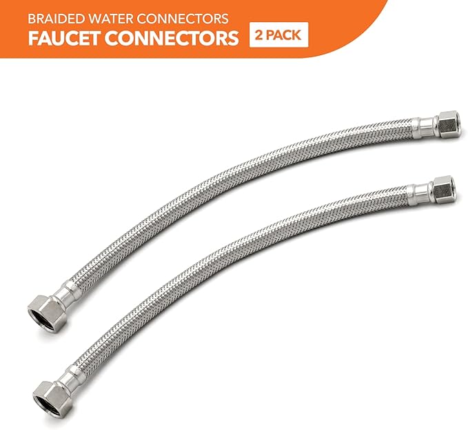 Stainless Steel Braided Water Connectors with Reinforced PVC Inner Hose for Faucets, 3/8" Compression x 1/2" FIP, 20" Length (2Pack)