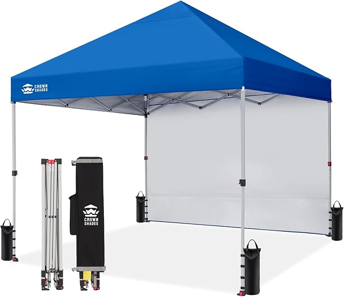CROWN SHADES 8x8 Pop Up Canopy with 1 Side Wall - Beach Tent with One Push Setup - Outdoor Sun Shade for Events, Parties, Camping - Gazebo with STO-N-Go Cover Bag (Blue)
