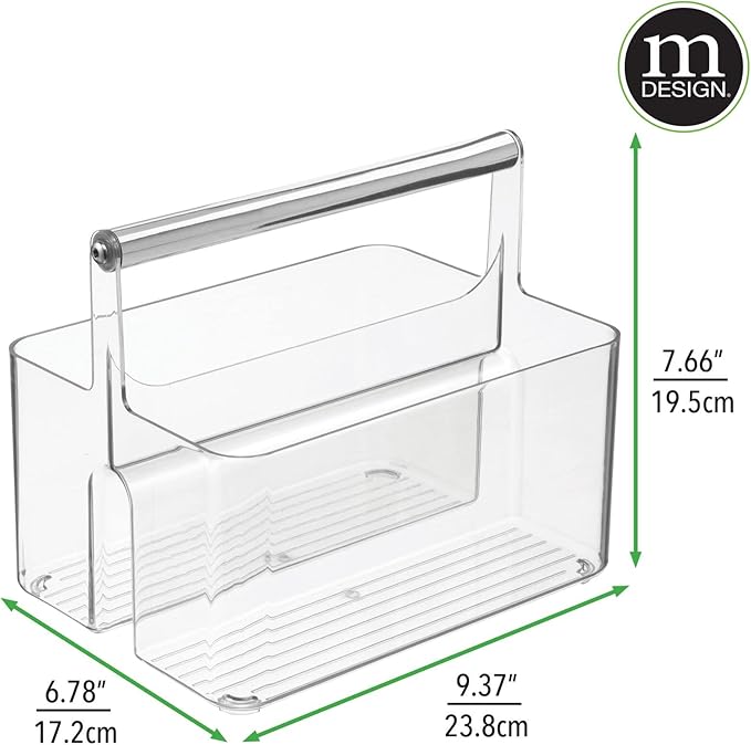 mDesign Plastic Shower Caddy Storage Organizer Utility Tote, Divided Basket Bin - Metal Handle for Bathroom, Dorm, Kitchen, Holds Soap, Shampoo, Conditioner - Aura Collection - Clear/Chrome