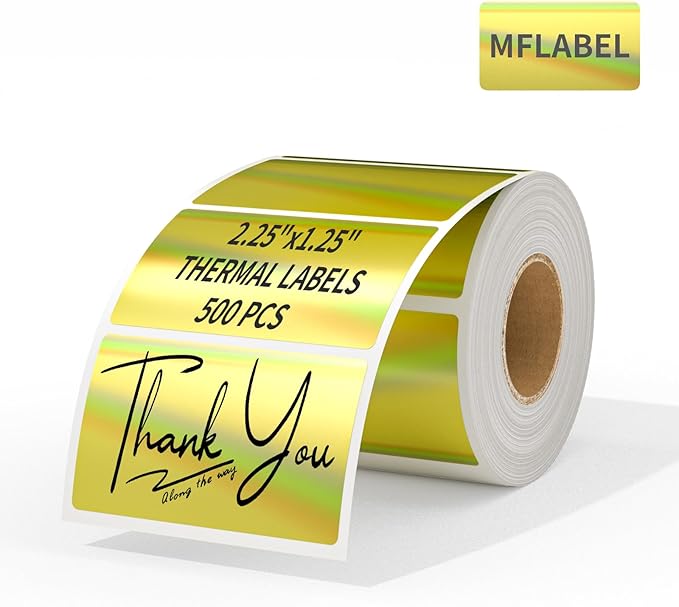 MFLABEL 2.25" x 1.25" Holographic Gold Thermal Labels, 500pcs Waterproof Self-Adhesive Printable Stickers for Thermal Printers, Small Business Logo, Barcode, Packaging