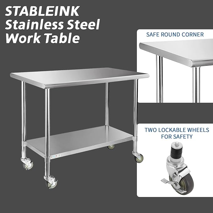 STABLEINK Stainless Steel Table with Wheels 24 x 48 Inches 4ft, NSF Commercial Prep & Workbench with Adjustable Undershelf, for Commercial Kitchen, Restaurant, Laundry, Hotel and Garage