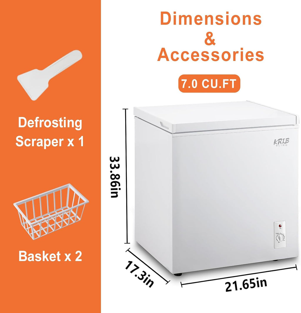 7.0 Cu.Ft Compact Chest Freezer with Removable Basket, Krib Bling Top Door Open Freestanding Deep Freezer with 7 Gears Temperature Adjustment, Ideal for Home, Kitchen & Office, White