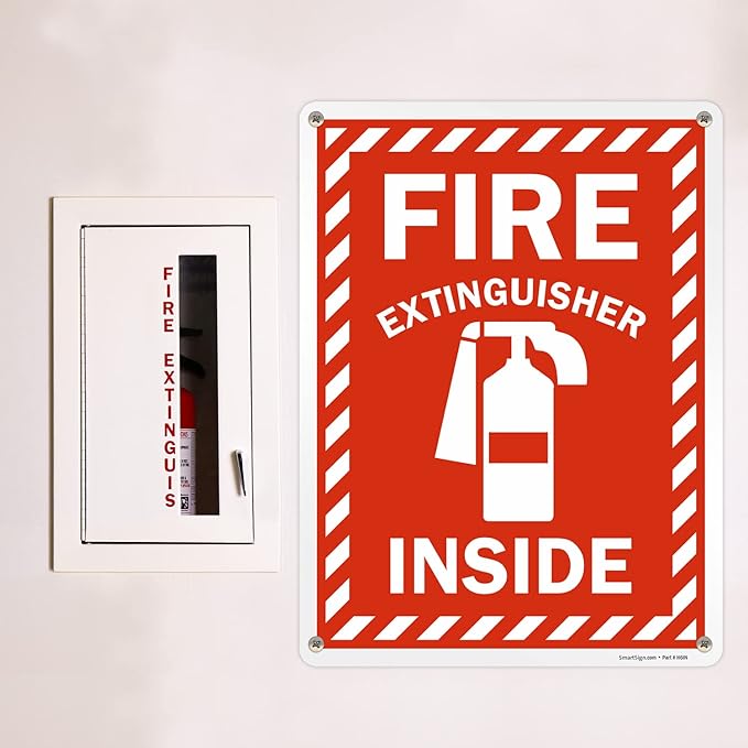 SmartSign 24 x 18 inch “Fire Extinguisher Inside” Metal Sign with Pre-cleared Holes, 80 mil Laminated Rustproof Aluminum, Red and white, Made in USA