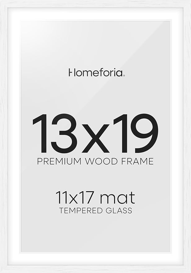Homeforia 13x19 Picture Frame White, High End Oak 13x19 White Wood Frame with Mat 11x17 Photo, 13 x 19 Wooden Poster Frames Matted to 11 by 17, 19x13 Hanging Frames, Tempered Glass, Wall Kit, Set of 1