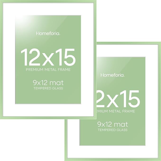 Homeforia 12x15 Sage Green Picture Frame, High End Metal 12x15 Poster Frames with Mat 9x12 Photo, 12 x 15 Sage Green Frames Matted to 9 by 12 Art, 15x12 Thin Frame, Tempered Glass, Wall Kit, Set of 2