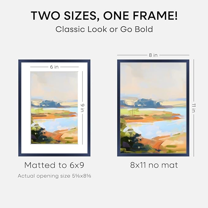Homeforia 8x11 Picture Frame Navy Blue, High End Metal 8 x 11 Poster Frames with Mat 6 by 9 Photo, 11x8 Frame Matted to 6x9 inch Print, 8by11 Wall or Tabletop Frame, Tempered Glass, Wall Kit, Set of 1