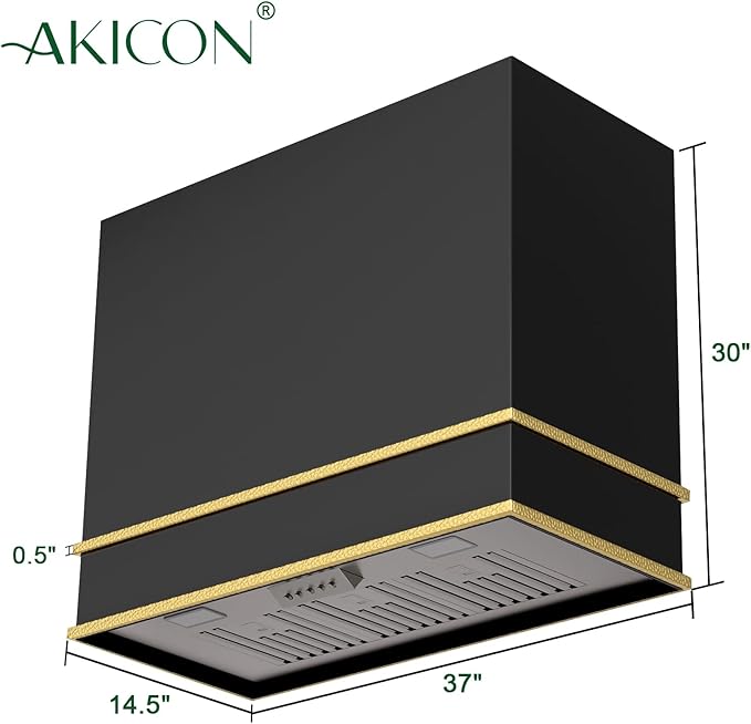 Akicon Range Hood 36 Inch, Stainless Steel Ducted Kitchen Hood with Powerful Motor, Wall Mount Modern Box, 36W X 30H X 14D Inch, AK-HS36HA-JBG (Jet Black with Gold)