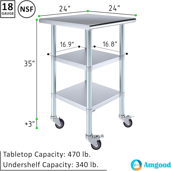 AmGood Stainless Steel Work Table with 2 Shelves and Casters | Metal Utility Table On Wheels (Stainless Steel Work Table with 2 Shelves + Casters, 24" Long x 24" Deep)