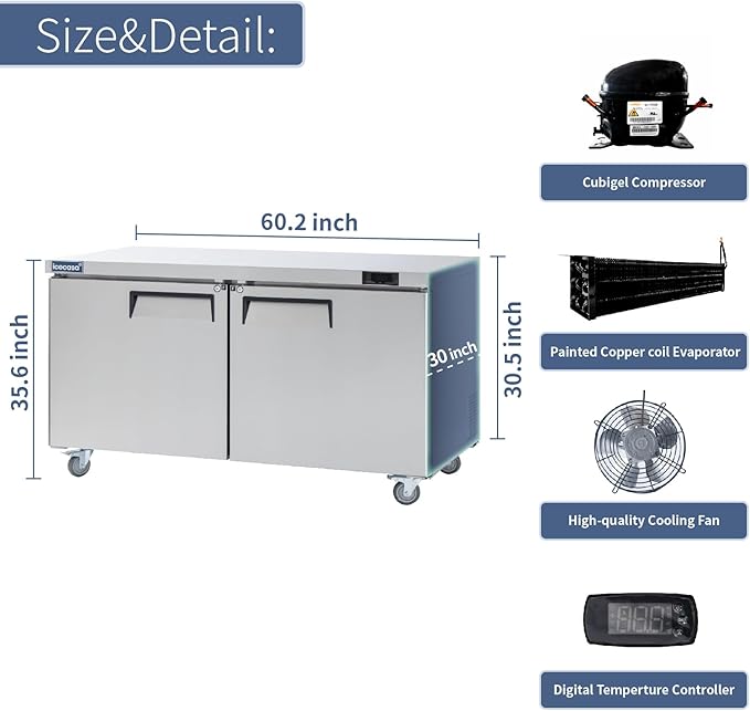 ICECASA 60" W Commercial Freezer Worktop Undercounter Double Door Stainless Steel Counter Fan Cooling Freezer 16.4 Cu.ft for Restaurant, Bar, Shop, etc