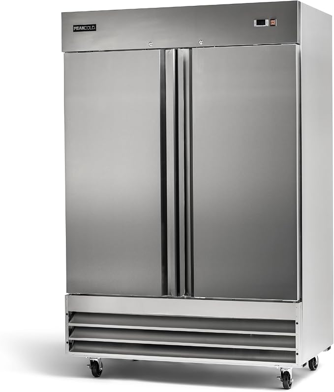 PEAKCOLD Double Door Commercial Refrigerator - 47 Cubic Ft, 54" Wide Stainless Steel Reach-In Commercial Refrigerator with White Internal Lighting - Freestanding Industrial Fridge