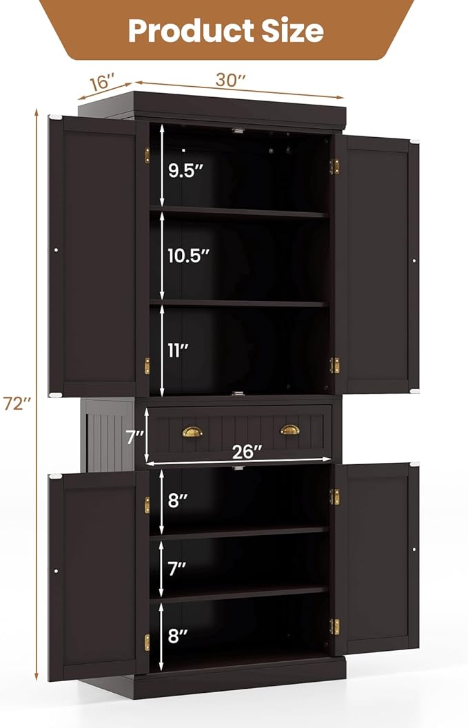 DORTALA 72” Tall Kitchen Pantry Cabinet, Wood Storage Cupboard w/ 4 Adjustable Shelves, 2 Cabinets & Drawer, Utility Freestanding Storage Cabinet for Kitchen, Hallway, Living Room, Brown