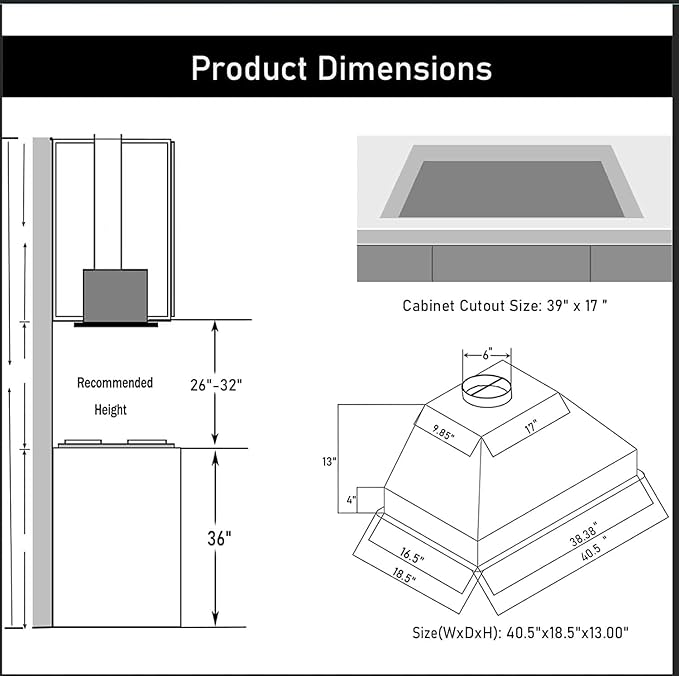 MCBON Range Hood Insert 42 Inch, 900 CFM Insert Range Hood, Touch Control Range Hood Insert, Remote & Gesture Sensing Vent Hood Insert, 4-Speed Hood Range Insert, Stainless Steel Range Hood, AE88-42
