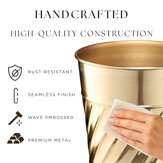 Monarch Abode Metal Bathroom Trash Can – Waste Basket for Bedroom, Office Desk, & Dorm, Handcrafted Wave Embossed, Durable Decorative Brushed Gold Small Trash Can Bathroom Garbage Bin Wastebasket