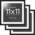 Homeforia 11x11 Black Wood Frame, High-End Oak 11 x 11 Square Picture Frames with Mat 9 by 9 inch Photo, 11by11 Wooden Frame Matted to 9x9 Art, Wall Hanging Frames, Tempered Glass, Wall Kit, Set of 3