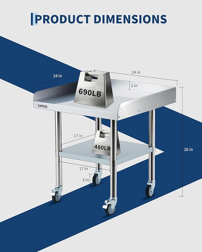Garvee Stainless Steel Work Table, 24x24x26 Inch Commercial Food Prep Worktable with Wheels, Detachable 3-Sided Backsplash & Height-Adjustable Shelf, Heavy Duty Workbench for Kitchen Restaurant Garage
