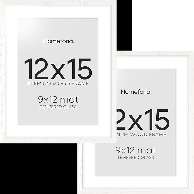 Homeforia 12x15 White Picture Frame, High End Oak 12x15 Wood Poster Frames with Mat 9x12 Print, 12 x 15 White Wooden Frame Matted to 9 by 12 Photo, 15x12 Thin Frame, Tempered Glass, Wall Kit, Set of 2