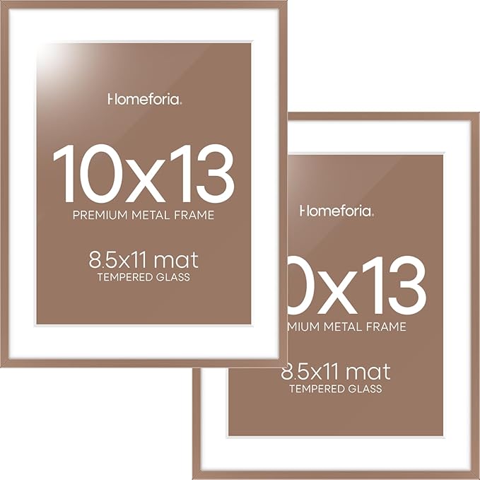 Homeforia 10x13 Picture Frame Mocha, High End Metal 10x13 Poster Frames with Mat for 8.5x11, 10 x 13 Mocha Frames Matted to 8.5 x 11 inch Photo, 10by13 Hanging Frames, Tempered Glass, Wall Kit, Set of 2