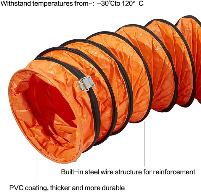 PVC Flexible Duct Hose, HVAC Duct Hosing Flame Retardant for Ventilator Utility Blower Fan with Adjustable Rope and D-Ring, Easy Storage (12inx16ft)