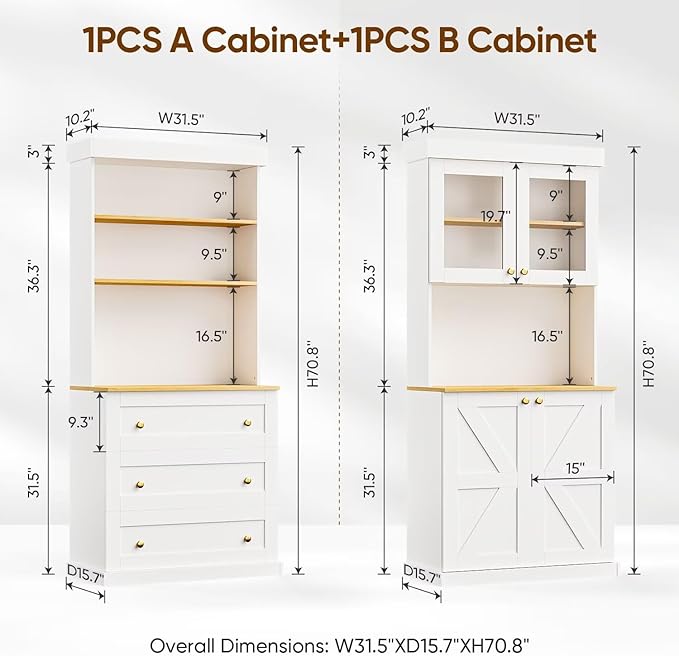 71" Farmhouse Kitchen Pantry Cabinet Set of 3, White Freestanding Coffee Bar Hutch with Glass Doors, Drawers & Adjustable Shelves, Large Storage Cabinet with Microwave Stand for Kitchen