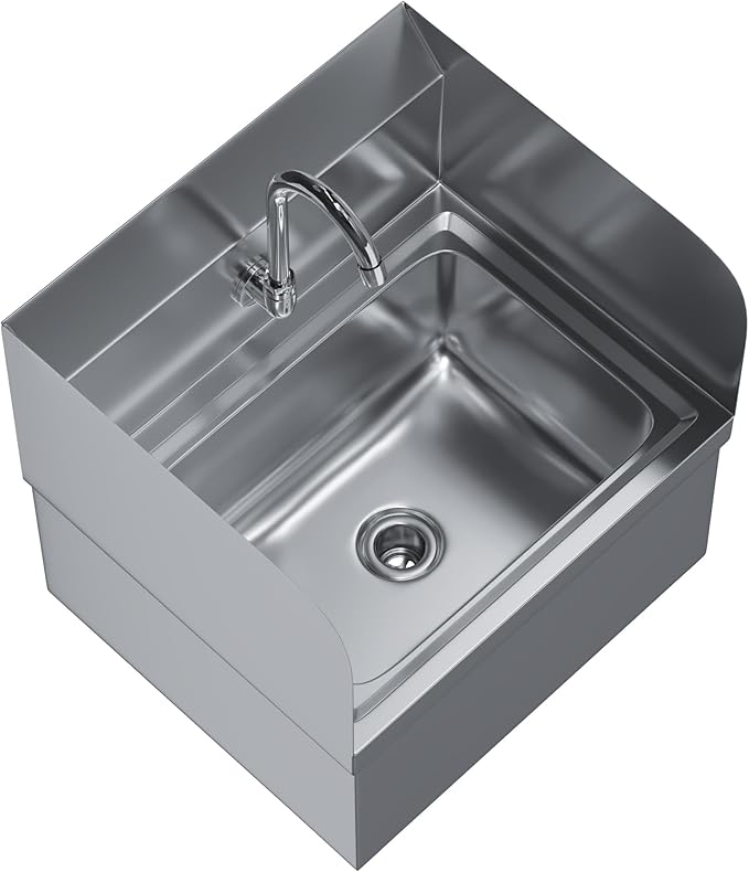Stainless Steel Wall-Mounted Hand Sink with Hands-Free Double Knee Valves, Faucet, and Side Splash Guards, 17 in x 15 in