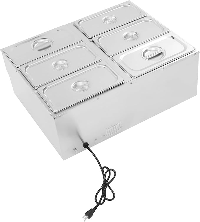6-Pan Commercial Food Warmer, 1500W Stainless Steel Electric Buffet Warmer with Lid & Drain Valve, Countertop Steam Table Bain Marie for Parties, Catering, Restaurants & Buffet Serving