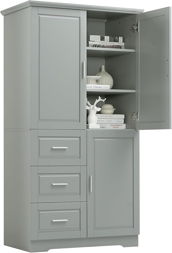 62.2" Wide Storage Cabinet Pantry Cupboard with Doors and Drawers for Home Kitchen, Bathroom and Living Room, Adjustable Shelf, White