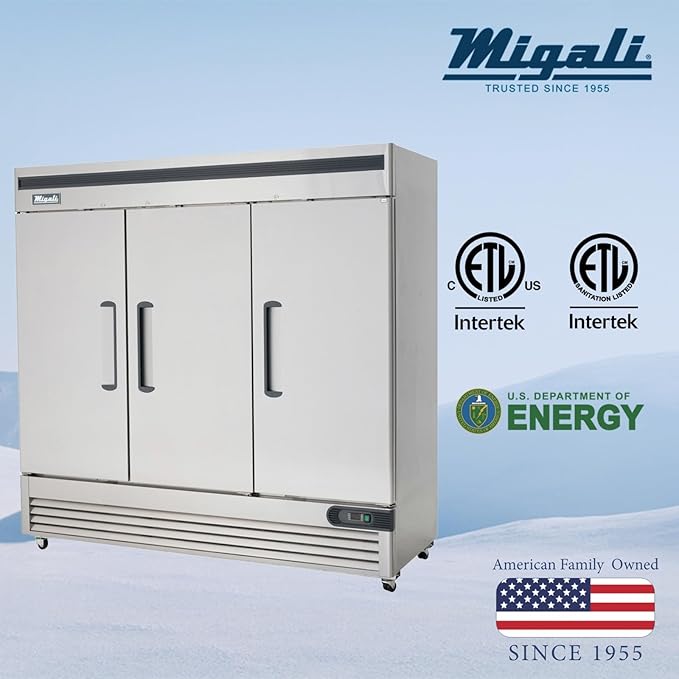 Migali C-3RB-HC Three Door Reach-In Refrigerator, 72 cu/ft, Stainless Steel Interior and Exterior, Auto Defrost, Digital Temperature Display, Door Locks