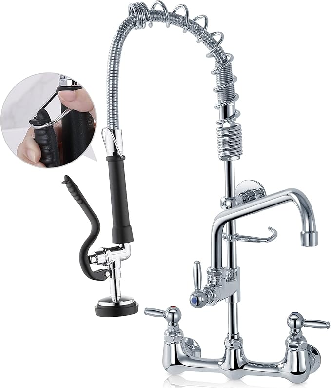 Commercial Sink Faucet with Sprayer, Wall Mount, 12' Swing Spout, 8 Adjustable Center, 25' Height for Restaurant Compartment Sink, Industrial, Chrome