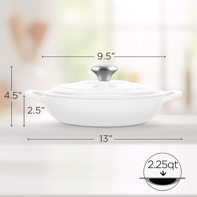 Signature Enameled Cast Iron Braiser, Non-Stick Serving Pot with Tight Fitting Lid for Perfect Roasting, Baking, Sauteing, Searing, and Pan Frying | 2.25Q (2.1L) - White