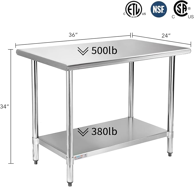 STABLEINK NSF Stainless Steel Table, 24 x 36 Inches Metal Prep & Work Table with Adjustable Undershelf, for Commercial Kitchen, Restaurant, Hotel and Garage，Stainless Steel prep Table Work Table